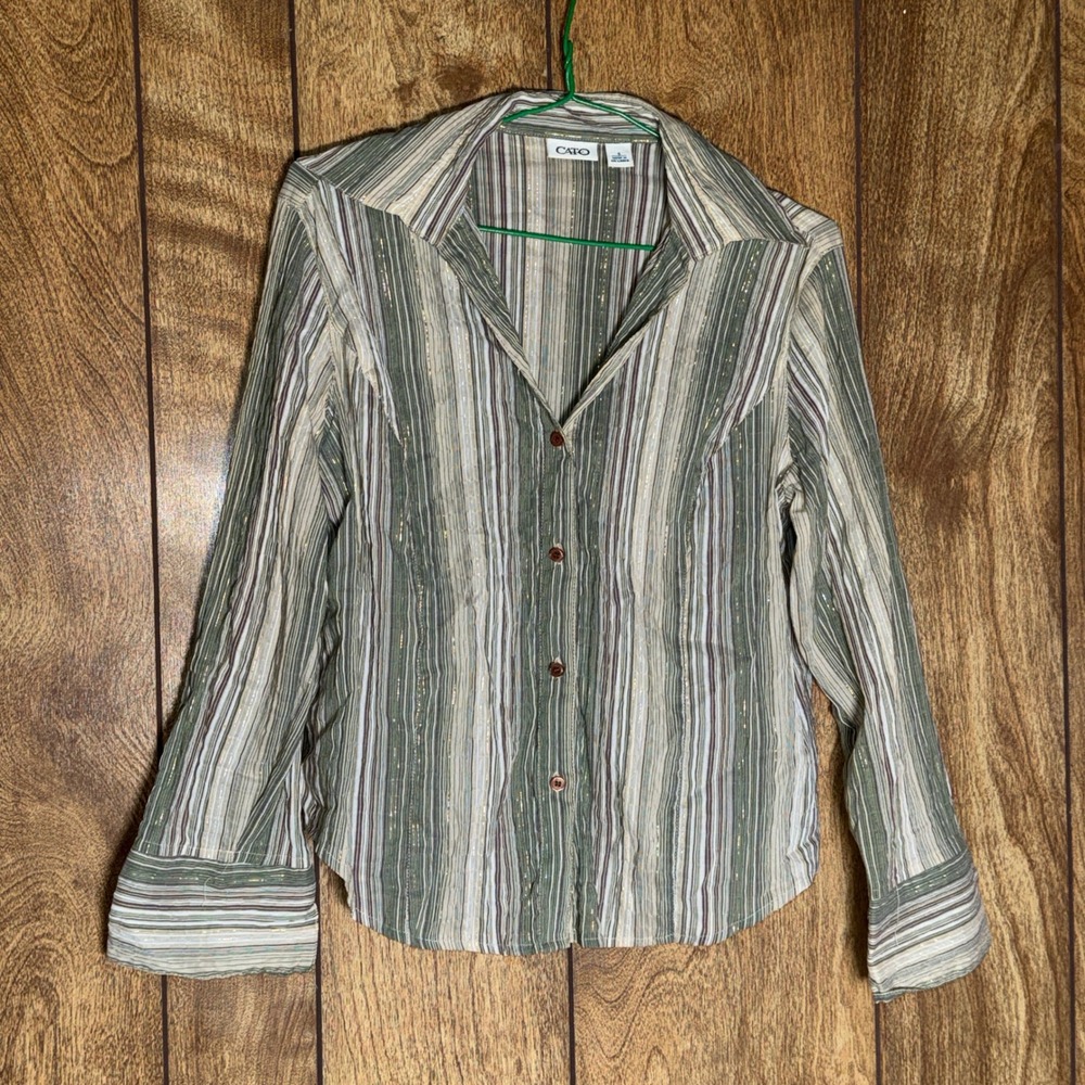 Cato Womens Small Green Striped Button Down Shirt Long Sleeve Metallic Shimmer